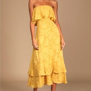 Yellow, mustard lace strapless midi formal cocktail dress